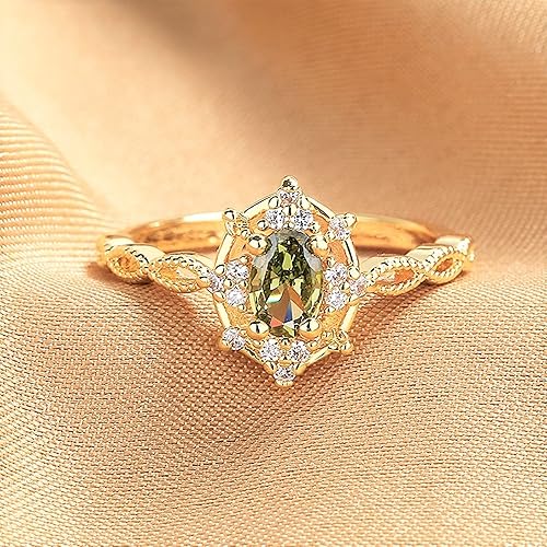 Miniatura 3 de Anillo de plata de ley 925 chapada en oro estilo vintage para ella, piedra preciosa piedra natal verde peridoto CZ anillo delicado anillo de promesa