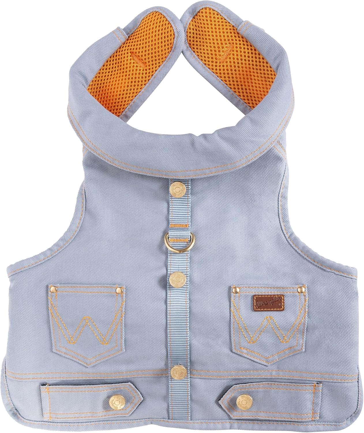 Wrangler Rope Denim Dog Vest Harness – Breathable Dog Vest with Mesh Lining - Machine Washable Dog Winter Jacket for Easy Cleaning, Layer Over Dog Sweater (Dark Wash, XS)