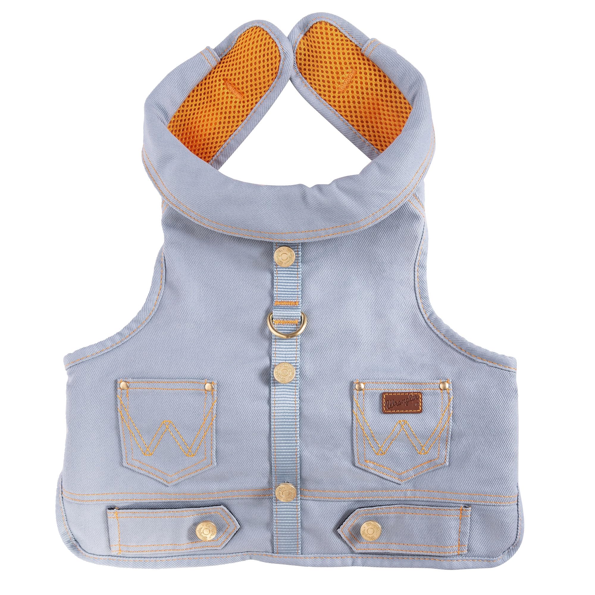 Wrangler Pettorina per cani in denim, traspirante, con fodera in rete, lavabile in lavatrice, per una facile pulizia, strato sopra il maglione del cane (lavaggio leggero, XS)