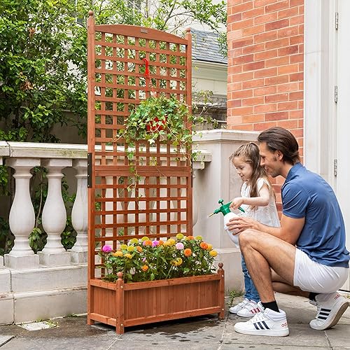 VIVOHOME Maceta de madera elevada con enrejado para jardín de 71 pulgadas de altura, caja de plantador de flores de jardín al aire libre con