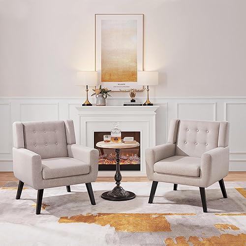 Yaheetech Accent Chairs Set of 2, Living Room Chairs Set, Beige Sofa Chairs, Linen Fabric Reading Chair, Modern Accent Chair for Bedroom Office Reading Nook, Beige