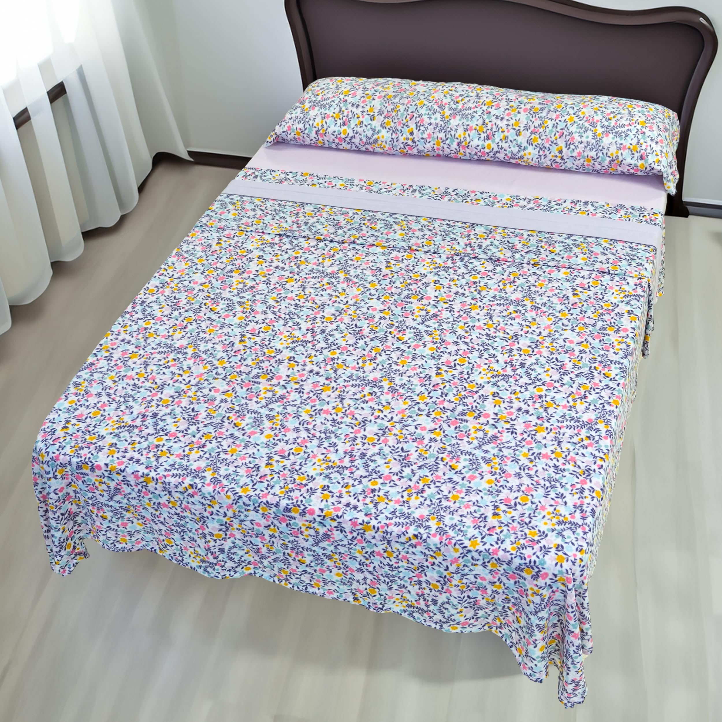 Conjunto de Sábanas Térmicas Pirineo 3 Piezas para Invierno - Microfibra Cepillada Premium, Incluye Sábana Bajera Ajustable, Encimera y Funda de Almohada - Color Flor Lila, Cama de 90 x 190cm