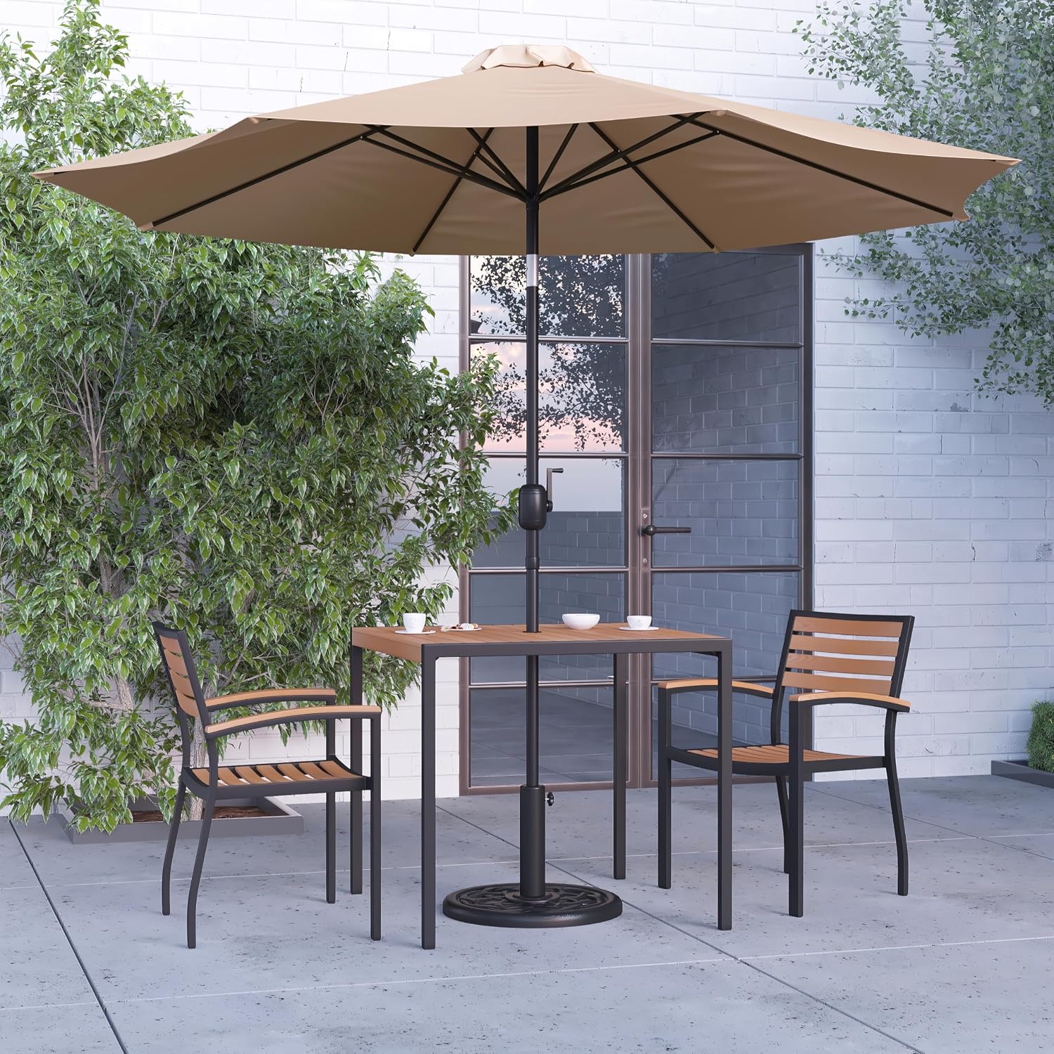 Merrick Lane Hampstead Five Piece Patio Set - 35" Square Faux Teak Table - Two Stacking Club Chairs with Arms - 9' Patio Umbrella in Tan - Included Umbrella Base