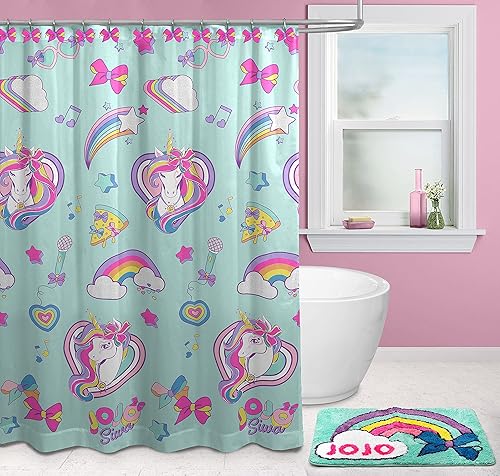 Miniatura 7 de Jay Franco Nickelodeon JoJo Siwa Retro Rainbow - Juego de baño de 14 piezas, incluye cortina de ducha, 12 ganchos y alfombra de baño antideslizante,