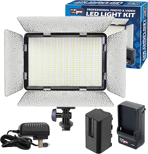Miniatura 1 de Vidpro Kit de luz LED 530 para fotos y video, luz LED en panel de cámara, ajustable y regulable de 3200 K-5600 K, luz de color variable para cámaras