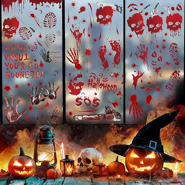Halloween Window Stickers-Halloween Bloody Hands Window Stickers Reusable Halloween Window Decals Decorations Removable,10 Sheets Double Sided Scary Halloween Window Clings PVC Static for Glass,Mirror