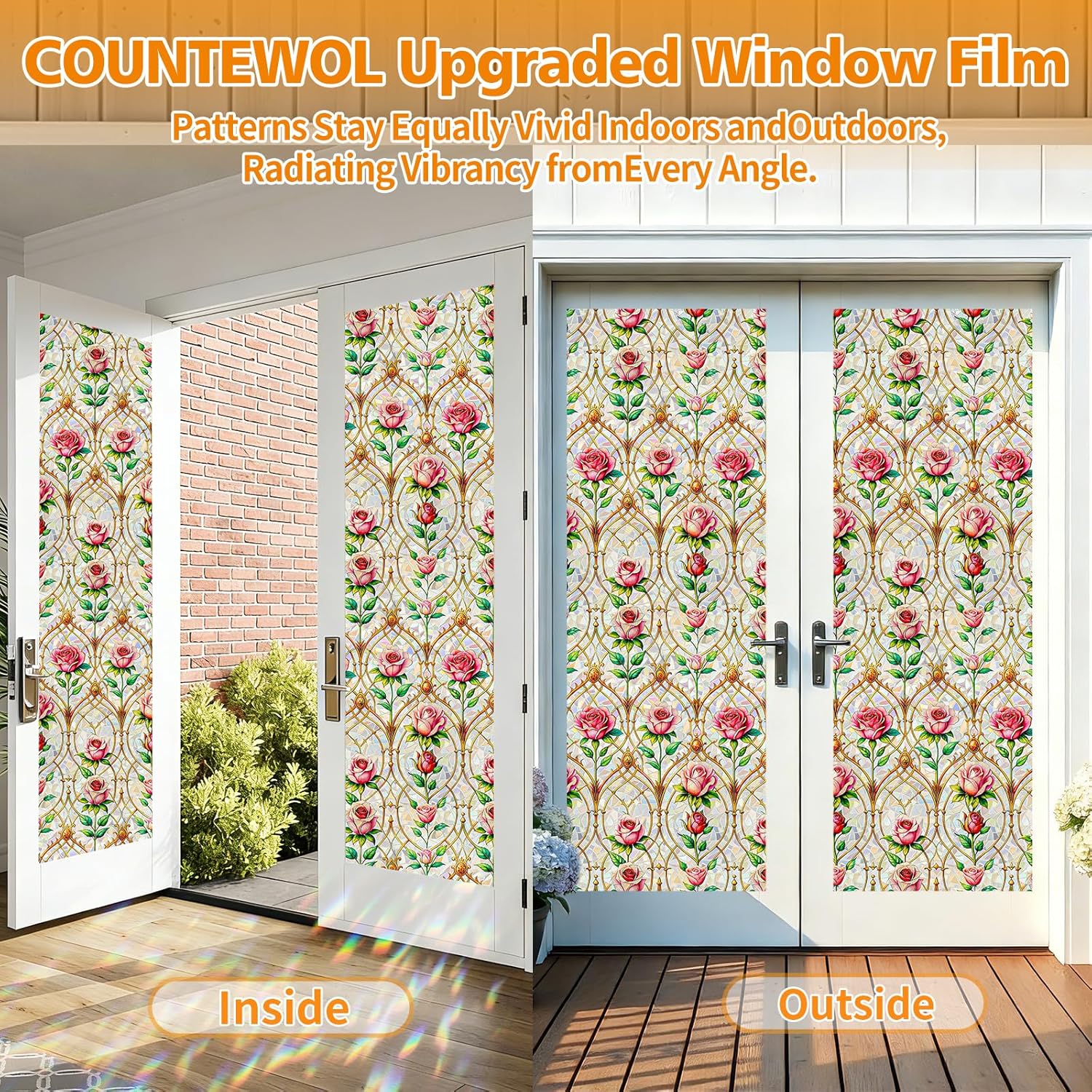 Rainbow Static Cling Window Film, Stained Glass Privacy Film with Rose Pattern, Anti-Glare UV Protection, Removable Decorative Window Clings for Home/glass door (Vintage Rose, 35.4 x78.7 in)