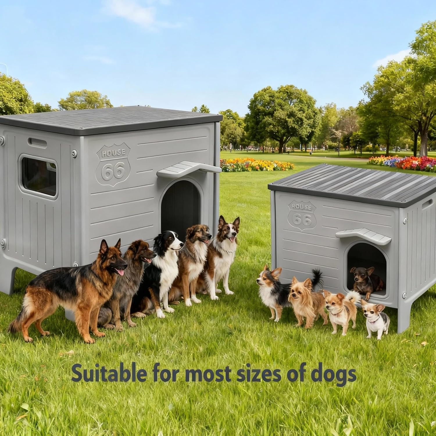 Plastic Insulated Dog House Weatherproof for Elevated Dog Shelter, Easy Assemble, Expansive Interior‌ Grey 26.7" D * 26.7" W * 21.4" H (Grey with EMat)