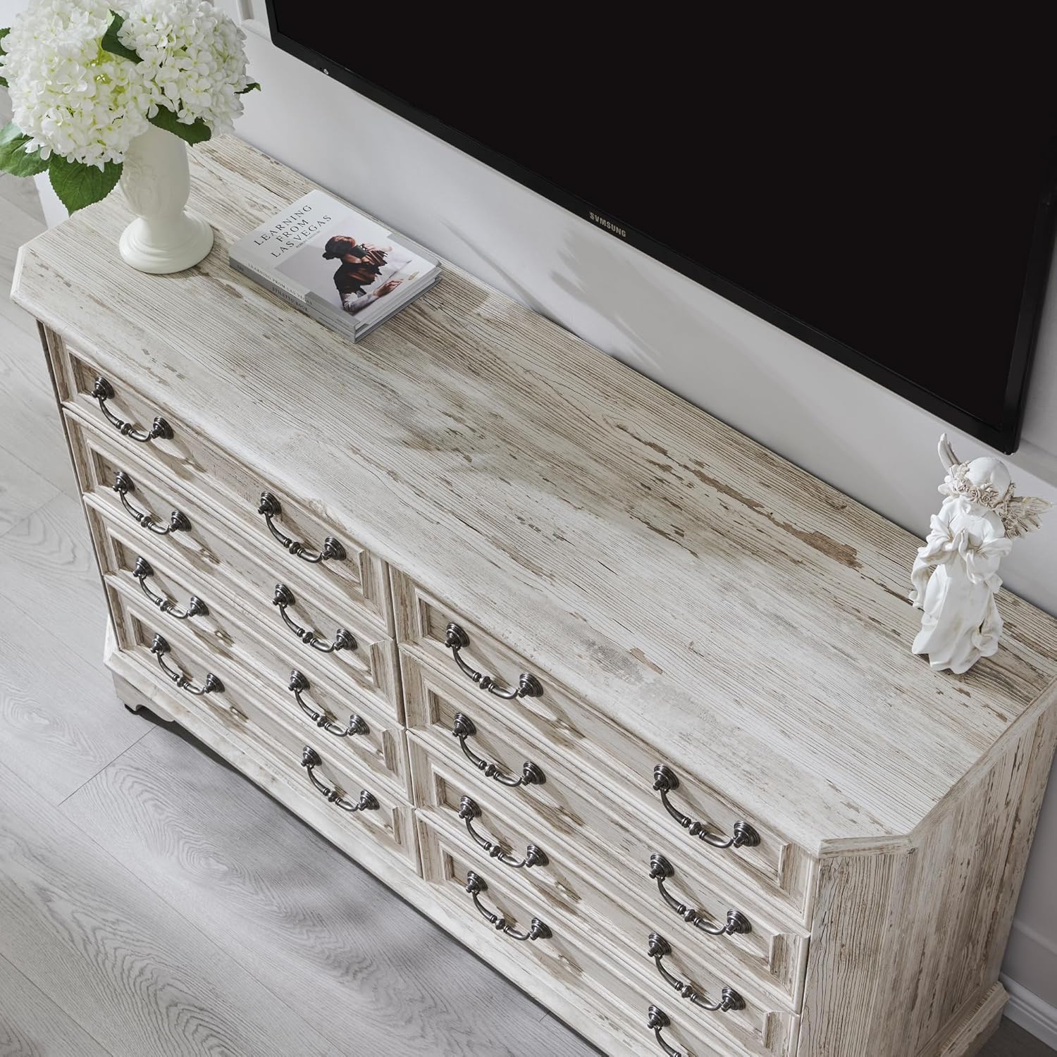 T4TREAM Farmhouse 8 Drawers Dresser for Bedroom, 54" Wide Wood Rustic Chest of Drawers with Natural Texture, Vintage Design, Storage Dressers Organizer for Bedroom, Living Room, Distressed White