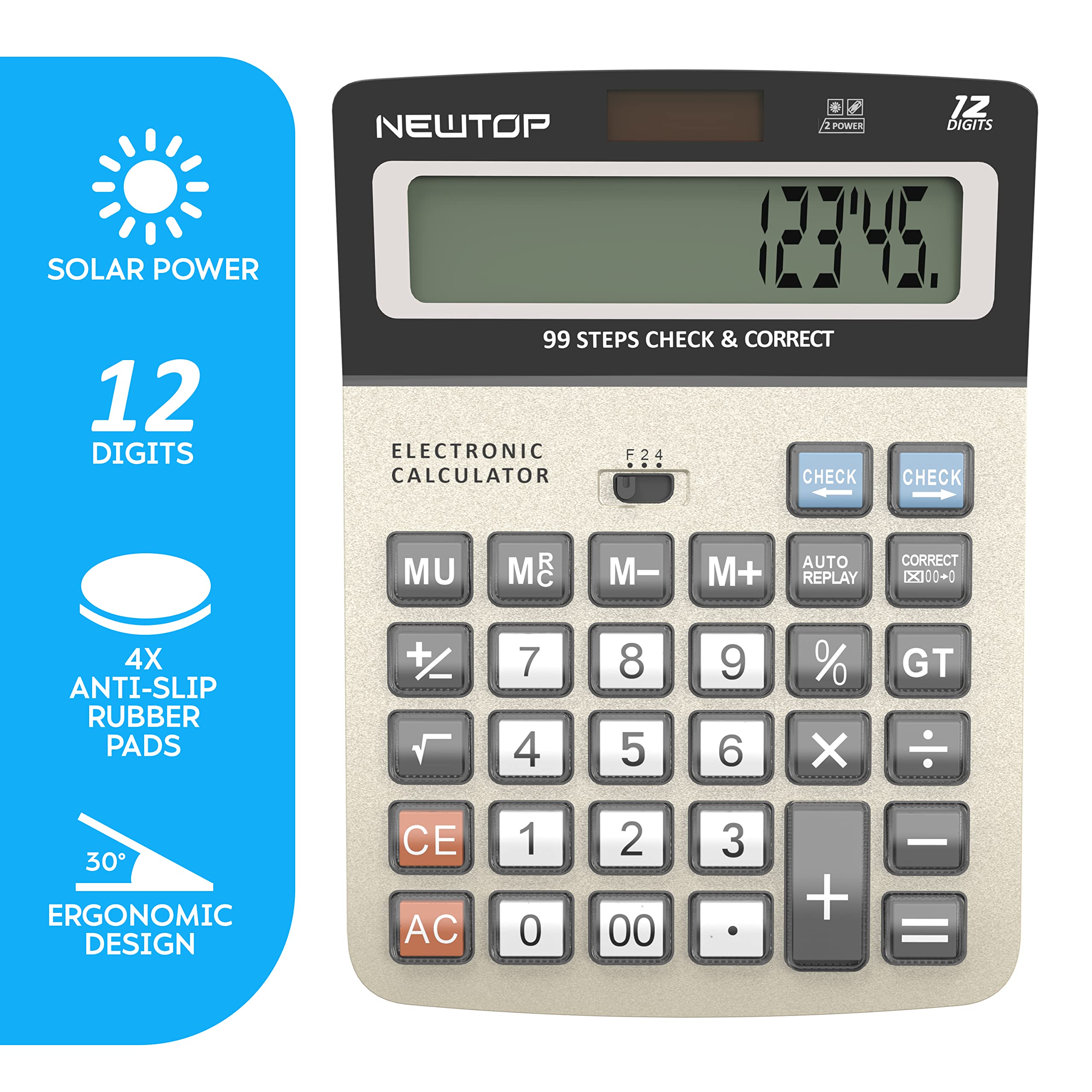 Calcolatrice Da Tavolo CATIGA 12 Cifre - Doppia Alimentazione Solare/Batteria Blu