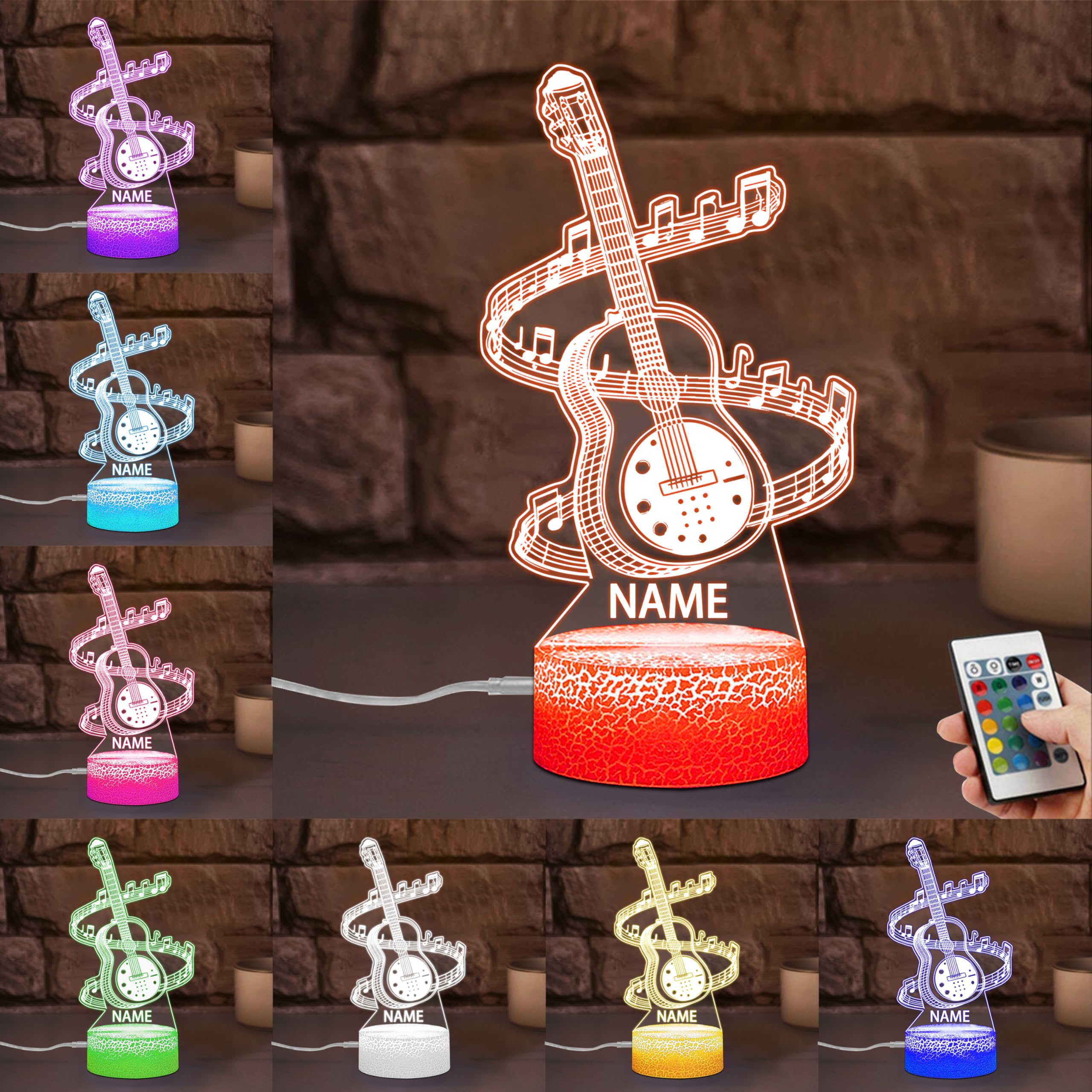 SSRUI Personalized Guitar 3D Illusion Night Light Custom Name Guitar LED Lamp with Multiple Colors Changing, Musical Decoration for Bedroom Living Room, Gifts for Music Lovers