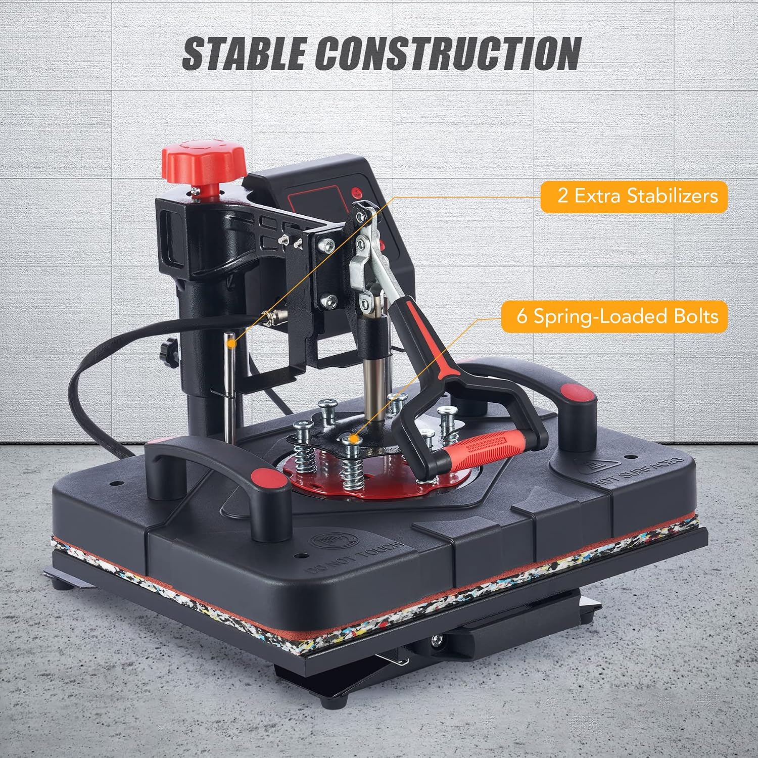 Stable construction of the heat press machine with stabilizers and spring-loaded bolts