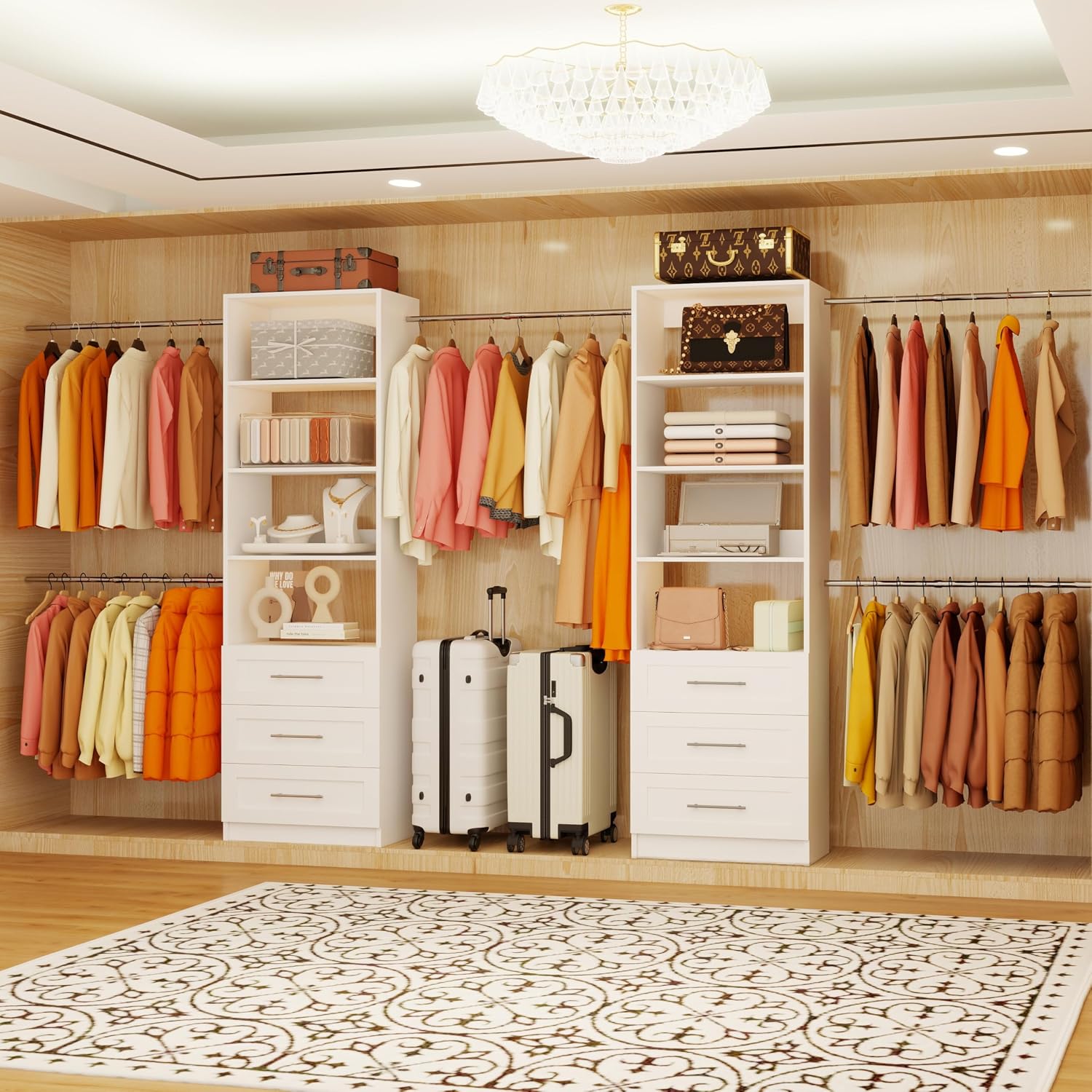 Closet System with 6 Drawers, 5-15FT Custom Closet Organizer System 182.6" Walk in Wooded Closet Storage System with 8 Hanging Rods Modular Shelves Wall Mount, 2 Sets White