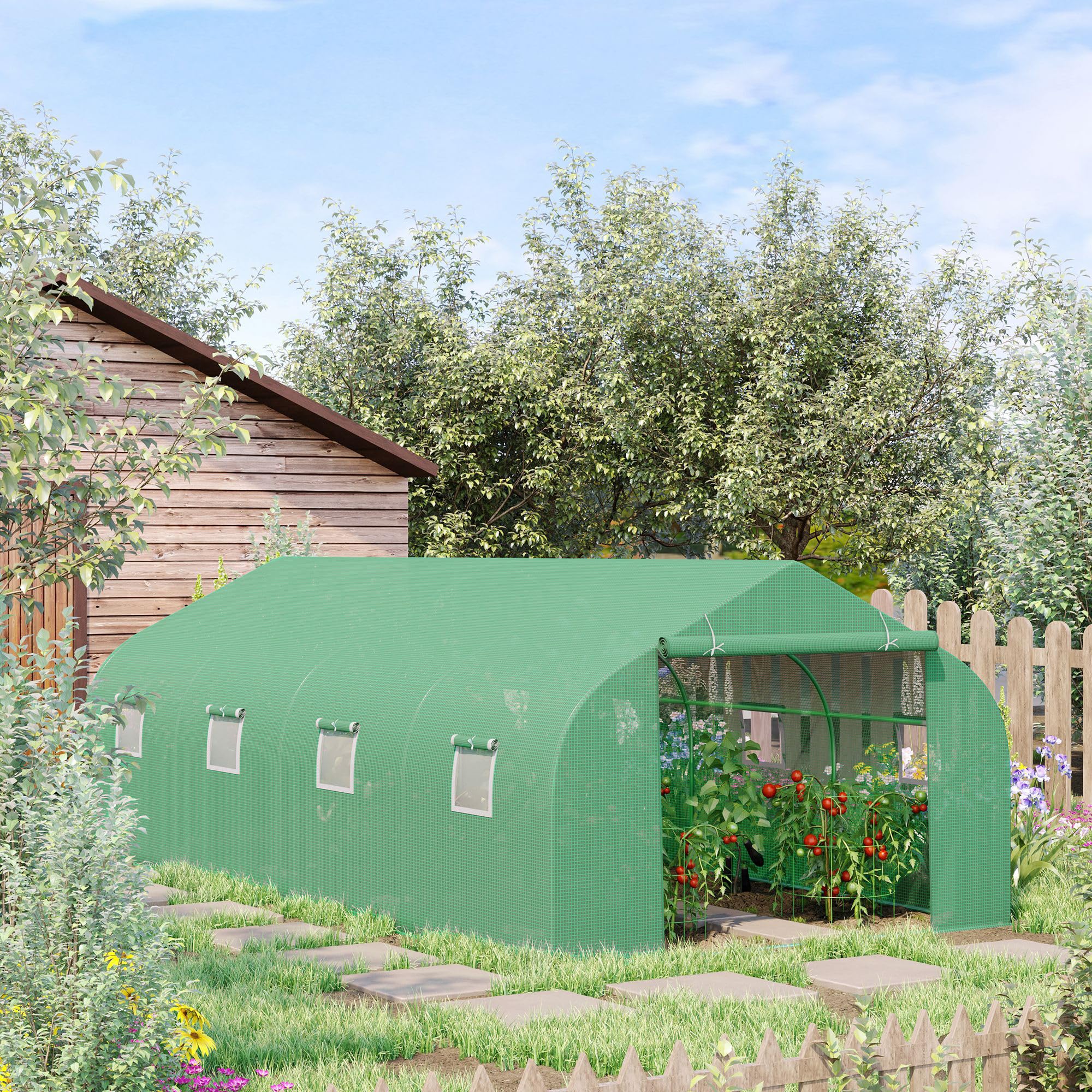 Outsunny Gewächshaus mit Rollbar Reißverschlusstür Foliengewächshaus 6x3x2m | Folientunnel mit 8 Netzfenster Stützstangen UV-beständig Winterfest Tomatenhaus, Grün