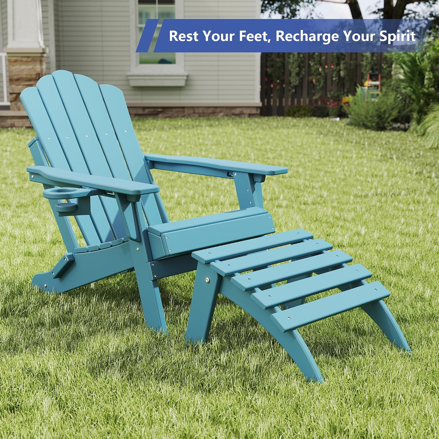 FOOWIN Folding Adirondack Ottoman, HDPE All Weather Adirondack Footrests, Ottoman for Adirondack Chair,Patio Footstool for Outside Easy Storage,for Patio, Backyard, Porch, Garden, Light Blue