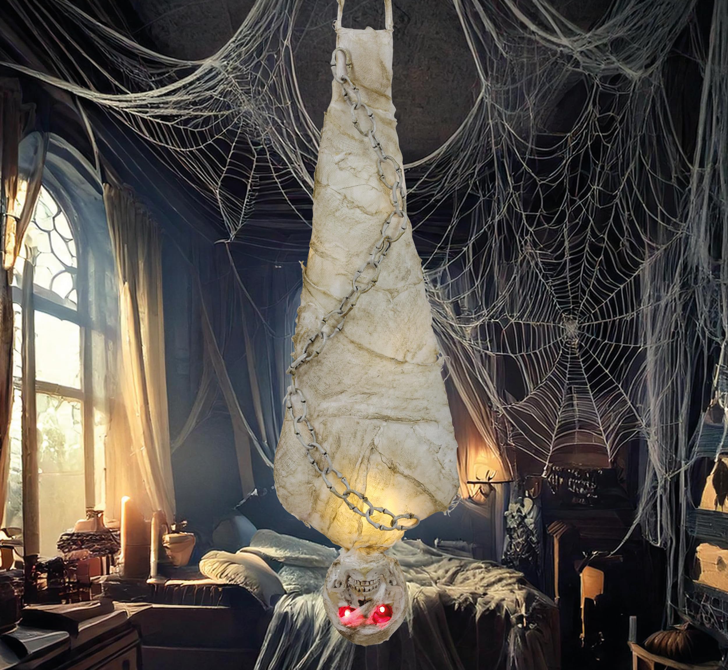 FIESTAS GUIRCA | Mummy Pendant with Light (75 cm) - Scary Decoration for Halloween and Skeleton Parties - Ideal for Terrifying Props and Horror Celebrations - Grey and White