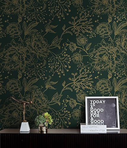 Miniatura 2 de Safiyya Papel tapiz de contacto floral bohemio para despegar y pegar, 78 x 17.3 pulgadas, papel de pared dorado y verde oscuro, moderno,