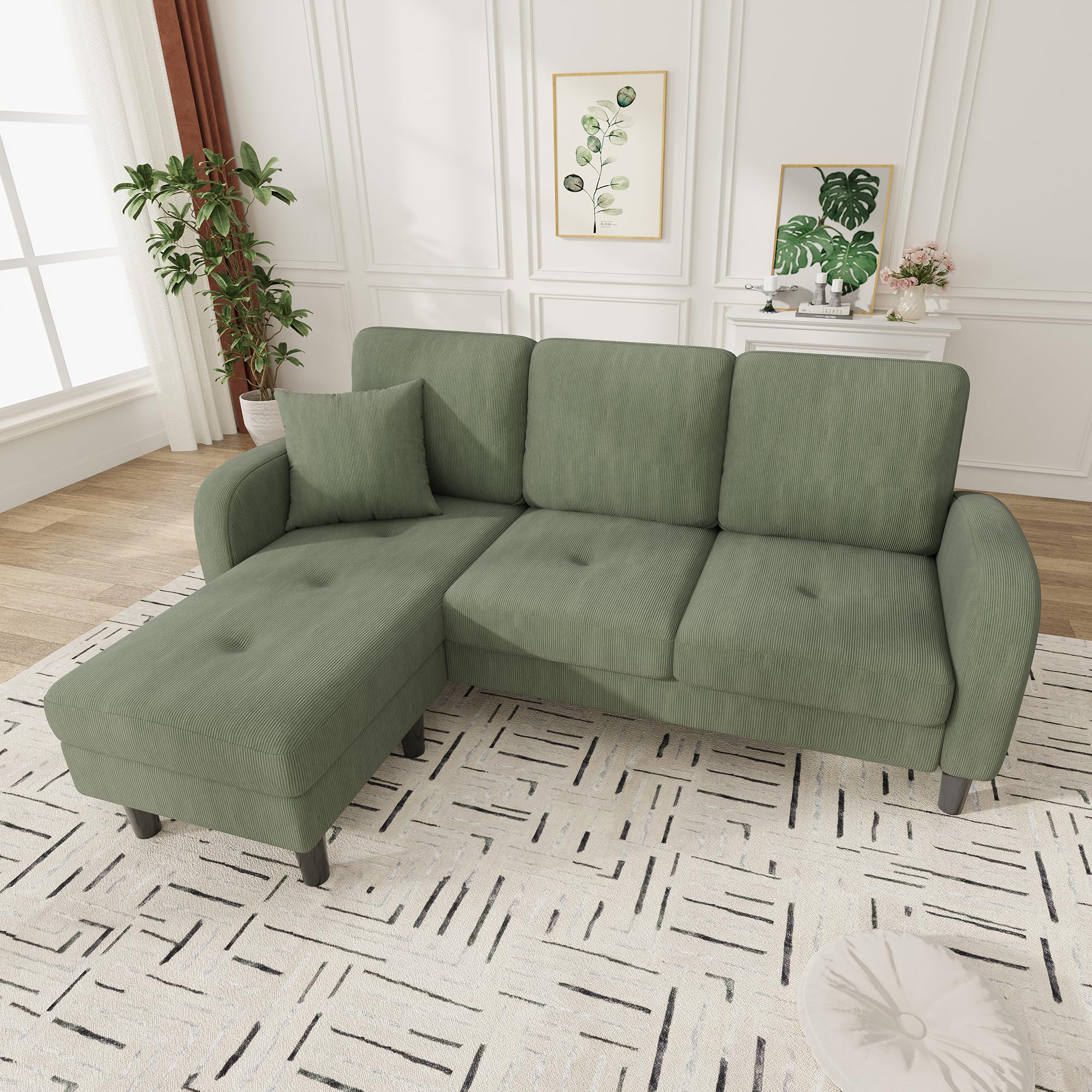 Merax L-förmiges Ecksofa 166x118x77 cm, 3-Sitzer Sofa mit Chaiselongue, Modulares Wohnzimmer-Sofa aus atmungsaktivem Cordstoff, Komfortables Apartment- und Bürosofa, Grün