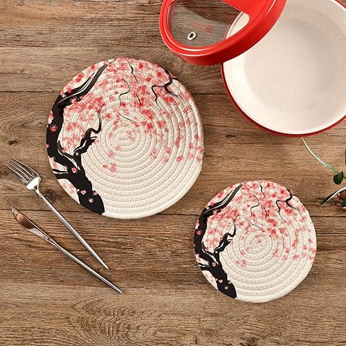 Miniatura 9 de Blueangle Juego de 2 agarraderas redondas tejidas de algodón trenzado de girasoles y girasoles amarillos, manteles de mesa para cocinar y hornear