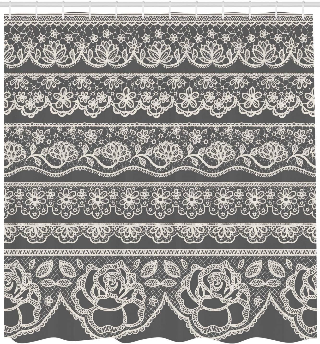 Ambesonne Grey Shower Curtain, Eastern Lace Pattern with Rose Floret Embellish Nostalgic Bridal Feminine Retro Art, Cloth Fabric Bathroom Decor Set with Hooks, 69" W x 70" L, Grey White