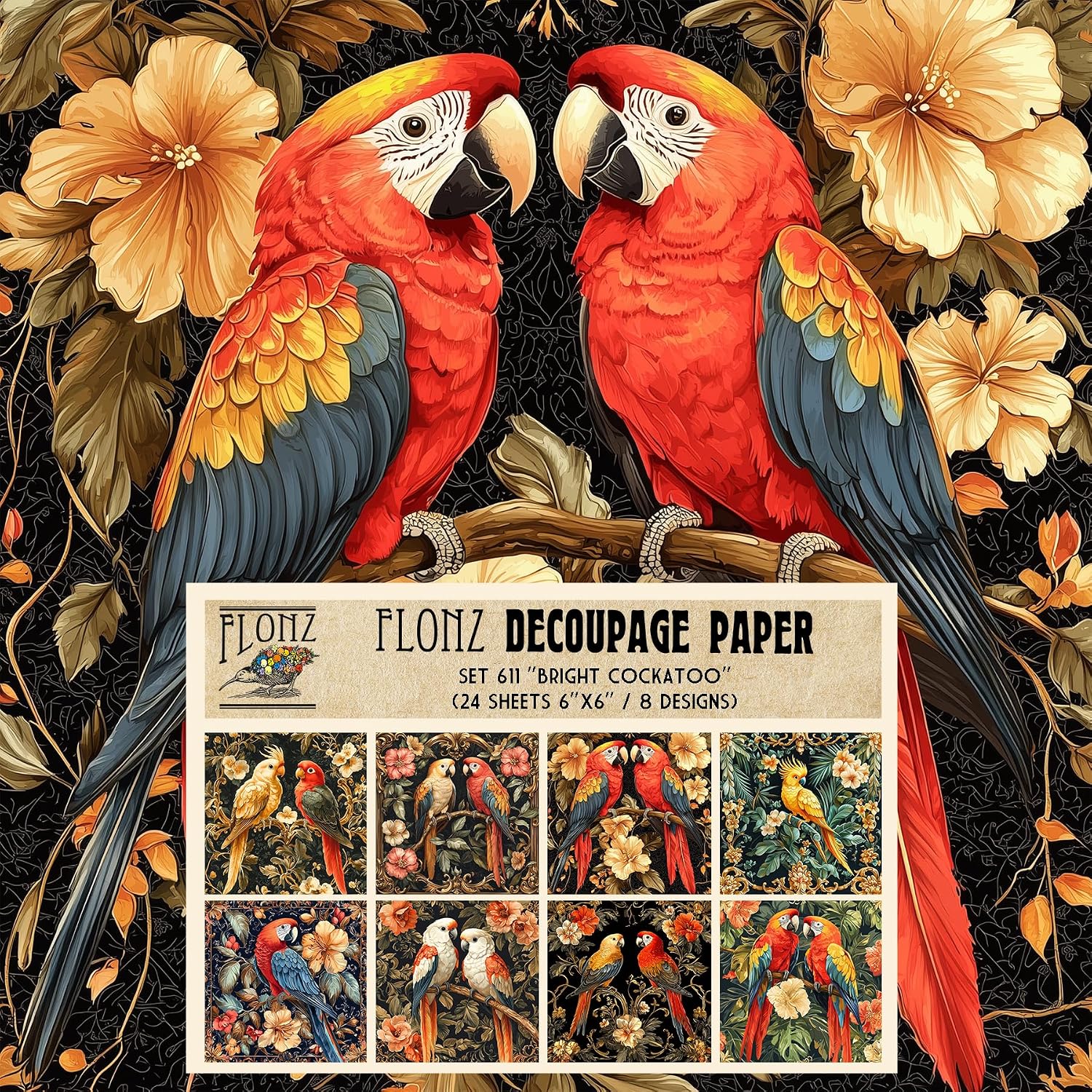 Decoupage Paper Pack (24 Sheets 6"x6") Birdsong in Bloom: Whimsical Birds and Blossoms in Soft Hues, Perfect for Nature-Inspired Crafting # Vintage Styled Paper for Craft and Scrapbooking