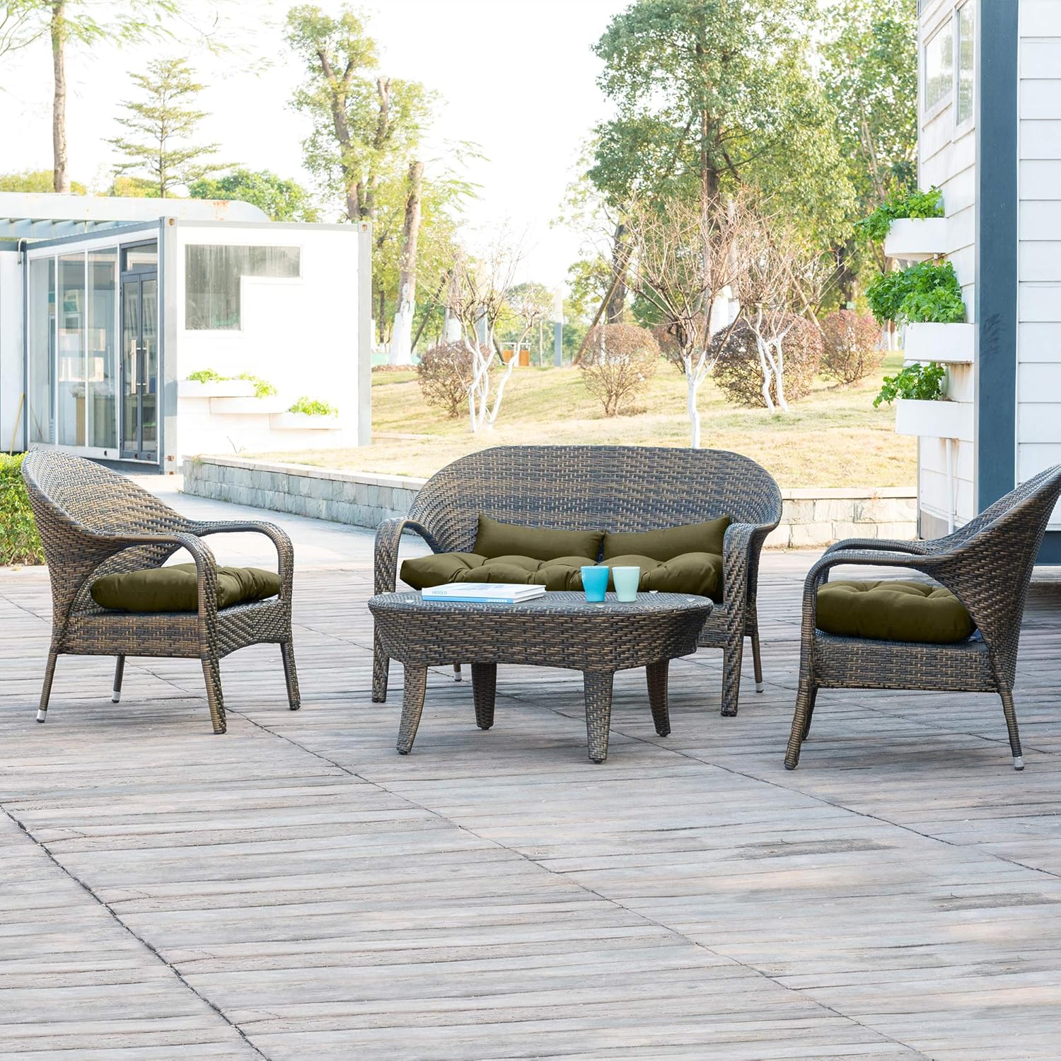 QILLOWAY Outdoor Wicker Cushion Set of 5 - Waterproof Fade Resistant Patio Furniture Cushions, Loveseat 2 U-Shape 2 Lumbar Pillows for Porch, Bench, Backyard, Garden, Sage