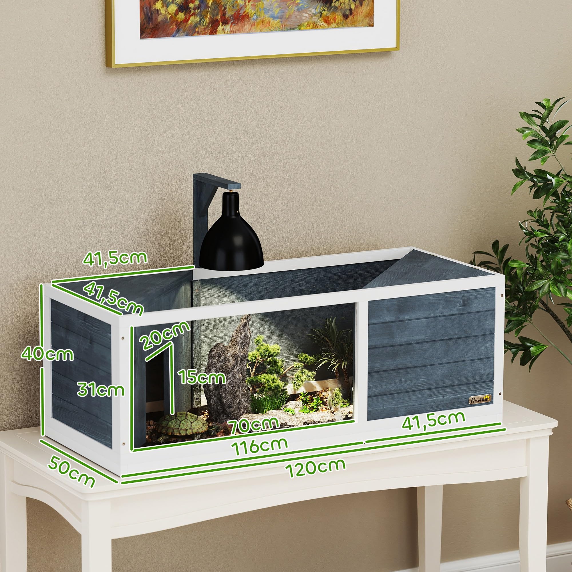 PawHut Casa per tartarughe XL 120 cm - terrario per tartarughe terrestri in legno, 2 nicchie con tetto apribile e area giochi aperta - recinto con supporto per lampada e finestra panoramica, grigio