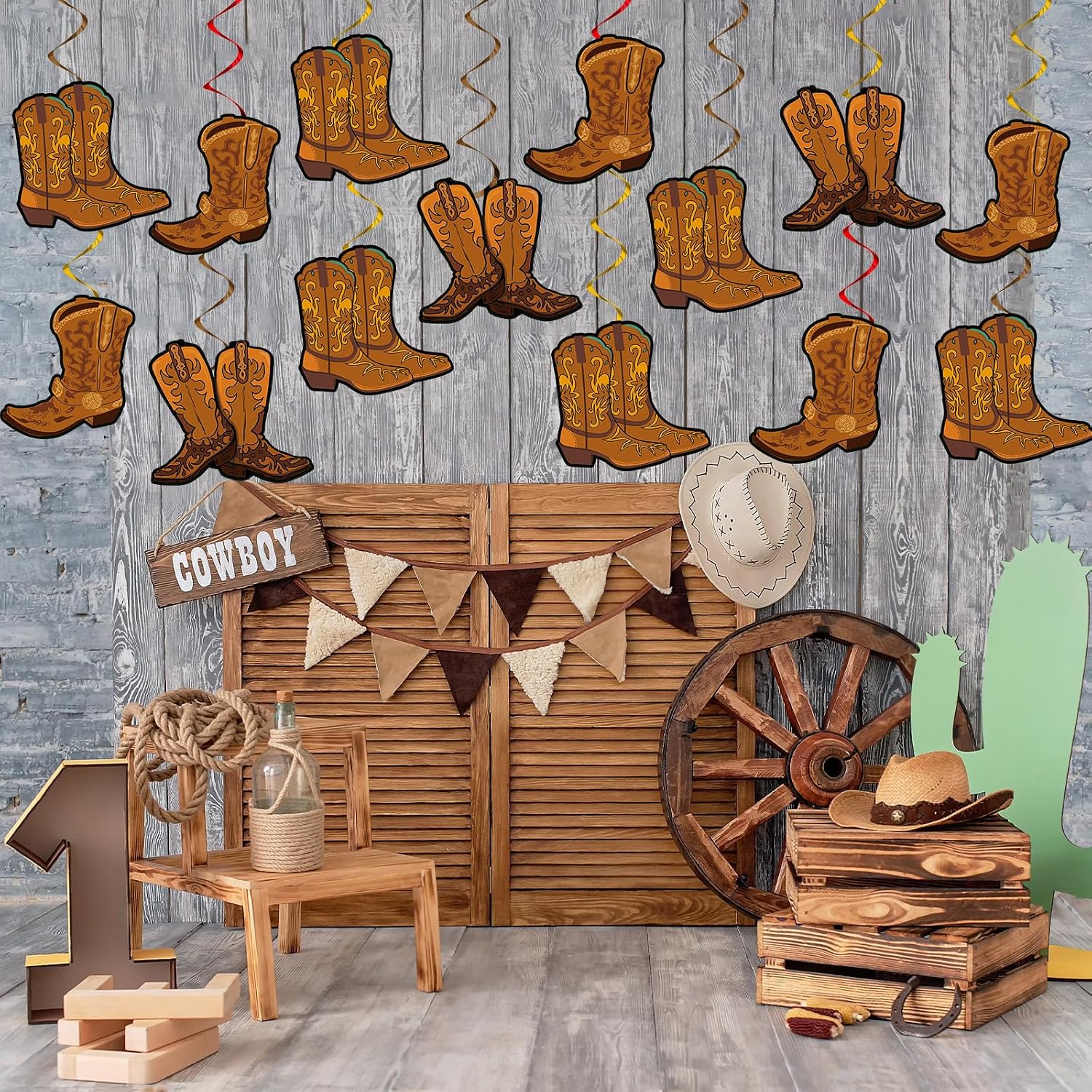 60 PCS West Cowboy Themed Party Hanging Swirls Rodeo Wild Western Hanging Decorations Western Cowboy Boot Banner for Baby Shower Birthday Party Ceiling Decorations Supplies