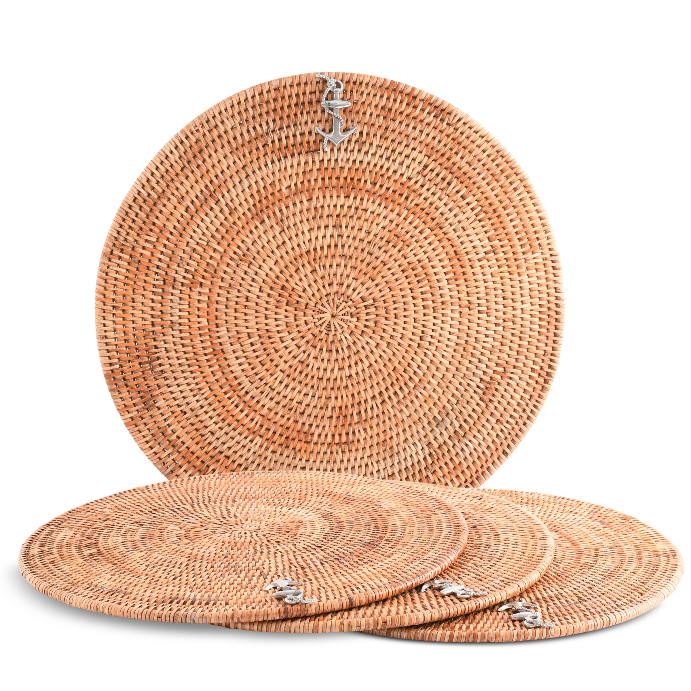 Vagabond House Large Woven Rattan Placemats Set of 4, Durable Wicker Placemats with Pewter Anchor Accent, Quality Rattan Chargers, Ideal for Coastal Beach Home