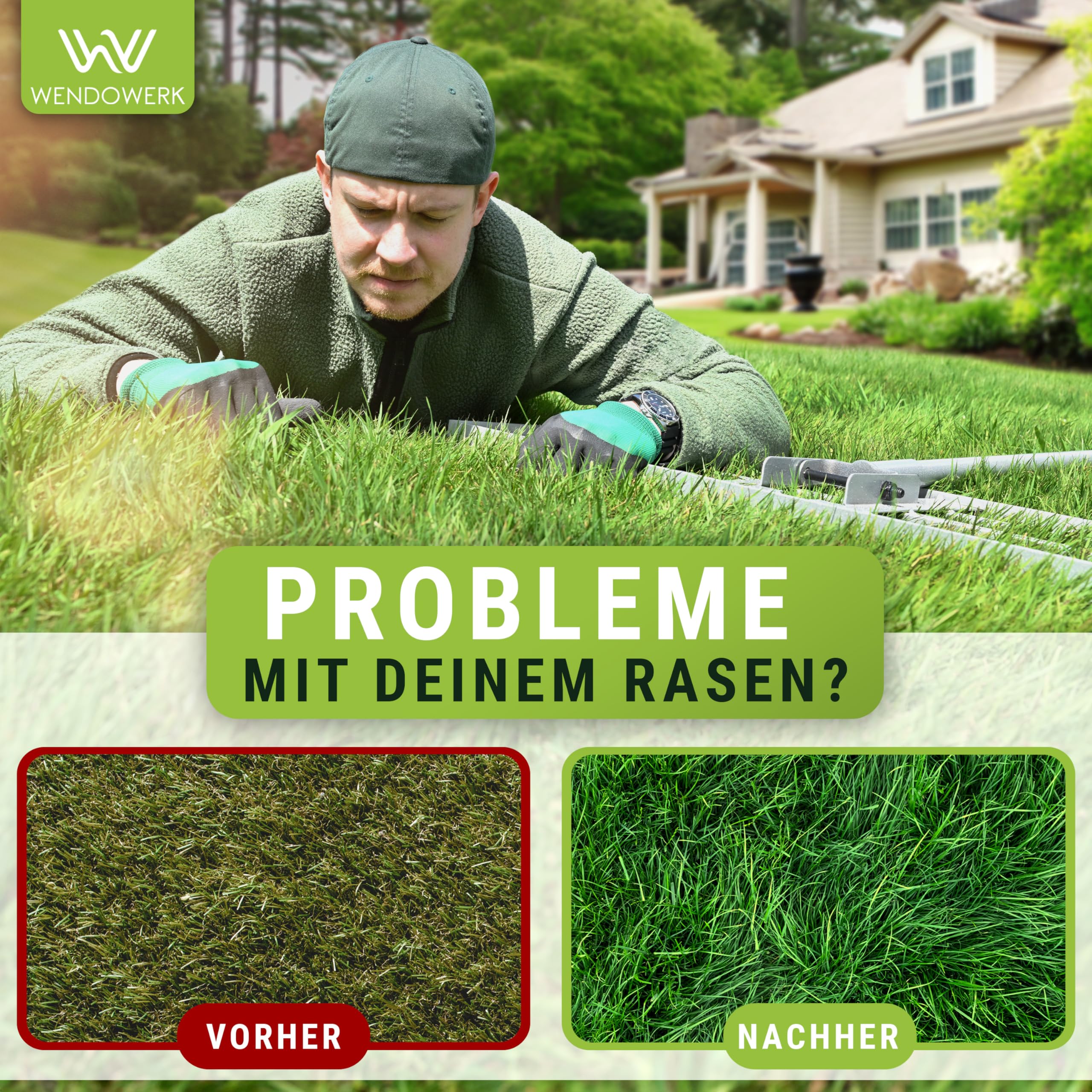 WENDOWERK® Rasen Rakel 80x30cm 2 Meter Stiel mit Gartenhandschuhe