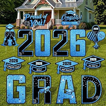 16 Pcs Graduation Yard Signs Class of 2026, 16.1" Large Blue Graduation Yard Sign with Stakes, Congrats Grad Sign for Graduation Party Decorations, Outdoor Grad Decorations for College High School