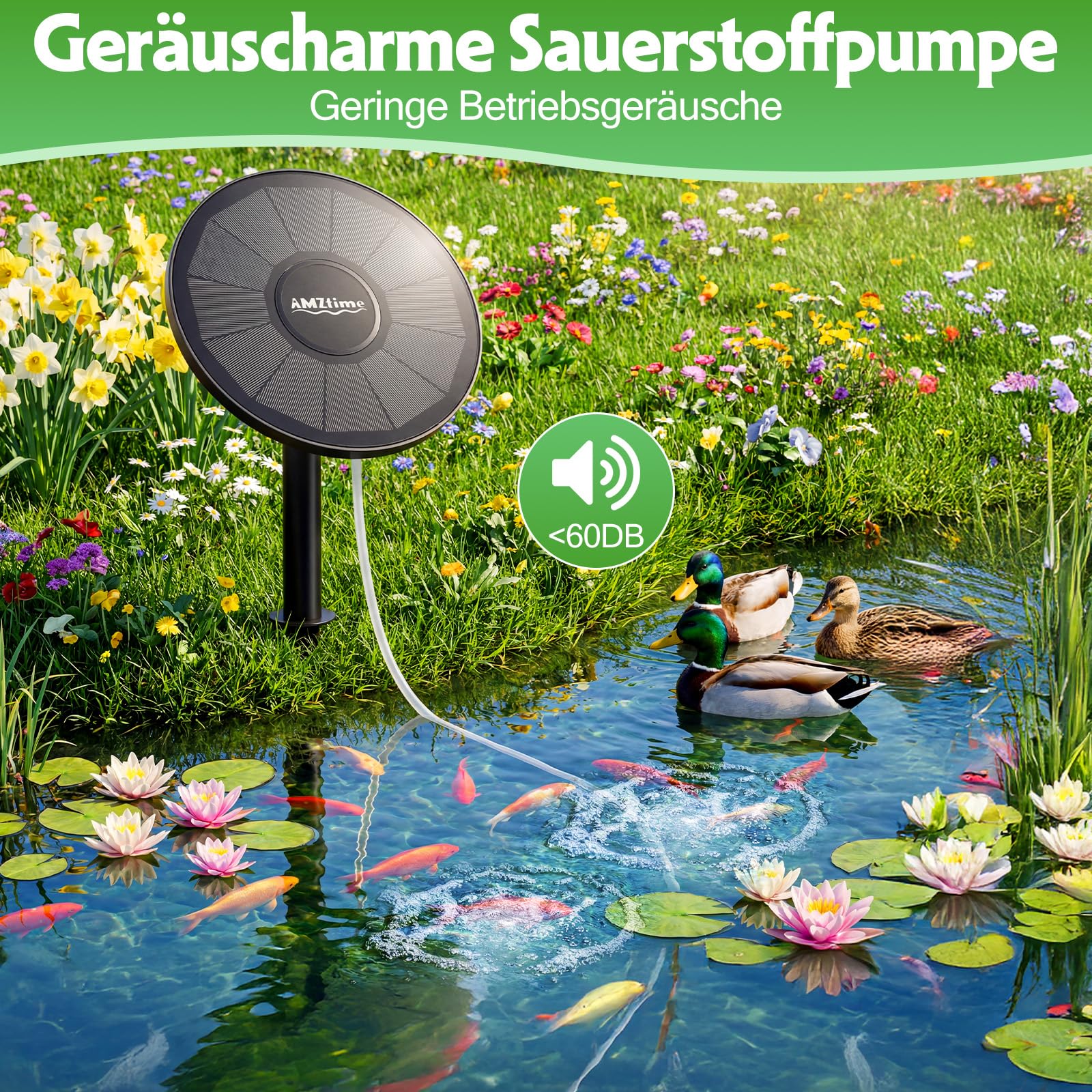 AMZtime 3W Solar Teichbelüfter mit 2200 mAh Akku, Integriertes Teichbelüfter Sauerstoffpumpe mit rundem Solarpanel, Sauerstoff Luftpumpe Teich 2 Modi 2 Luftsteine für Gartenteich, Angeln