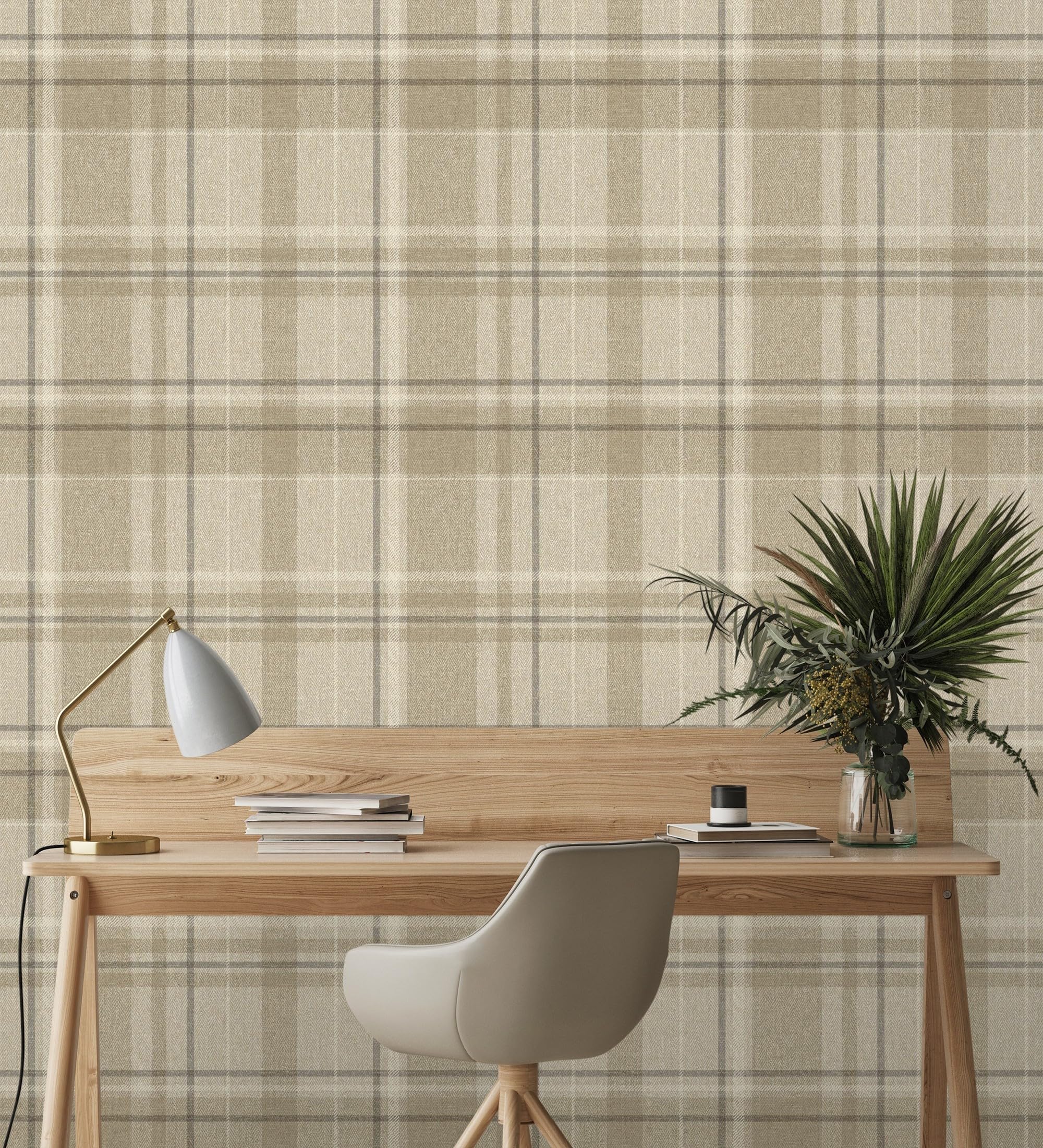 GAULAN 683559 - Papel pintado de cuadros escoceses fondo efecto textil de espiga en tonos beige para pared salón dormitorio pasillo comedor - Rollo de 10 m x 0,53 m