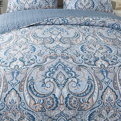 Miniatura 4 de NEWLAKE Juego de colcha de algodón reversible patrón floral gris europeo tamaño King