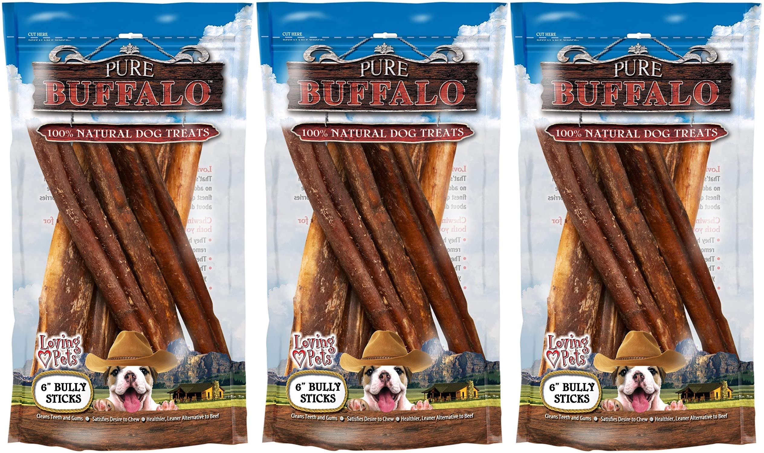 Loving Pets 3 Pack of Pure Buffalo Bully Sticks, 6 Inch