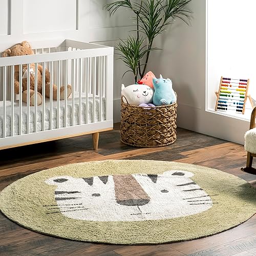 nuLOOM Lumi Tiger - Alfombra lavable a máquina para niños, redonda, 4 pies, marfil