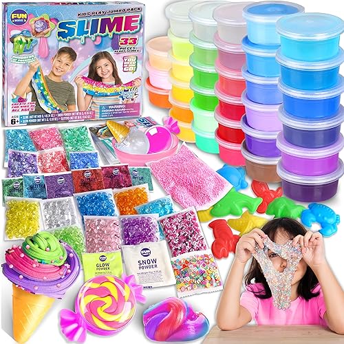 FunKidz - Kit de 33 tazas de slime jumbo para niños, paquete de slime prefabricado para bricolaje, suave, nube, transparente, mantequilla,
