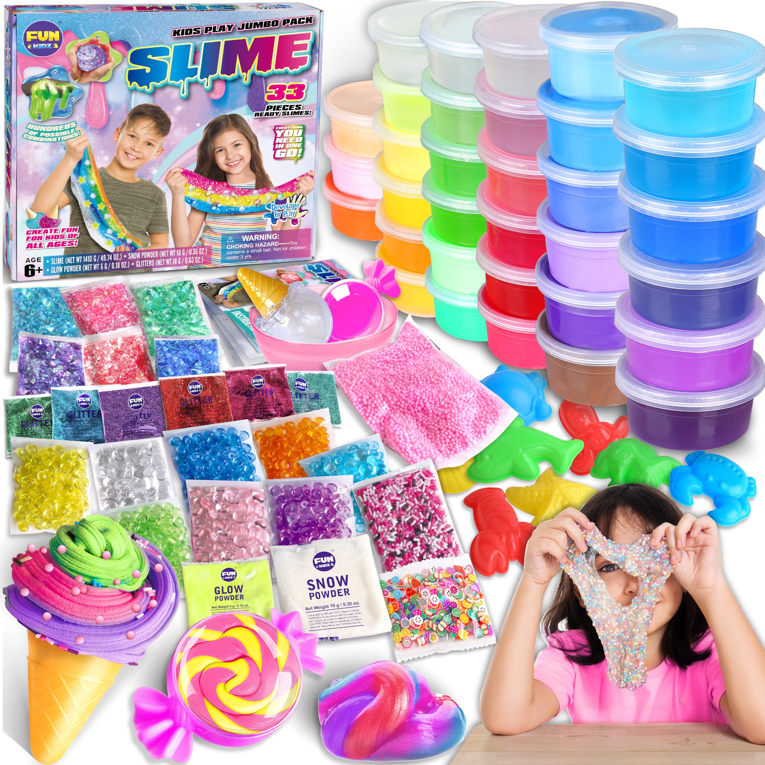 33 Cups Jumbo Slime Kit for Kids, FunKidz Premade Ultimate Slime Pack to DIY Soft, Cloud, Clear, Butter, Glitter, Glow in Dark Slime Making Kit Party Favors Gift Toys for Girls and Boys
