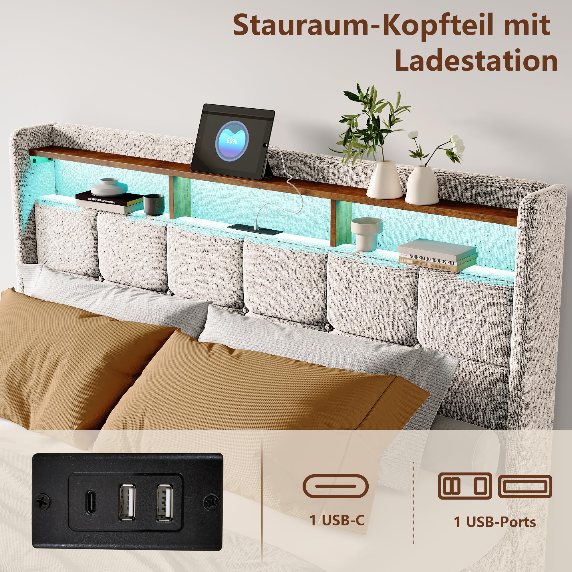 Cama tapizada para cama doble de 140 x 190 cm con 4 cajones, cama LED con conexión USB y tipo C, estructura de cama con somier, cabecero con compartimento, cama juvenil, cama de invitados, lino, beige
