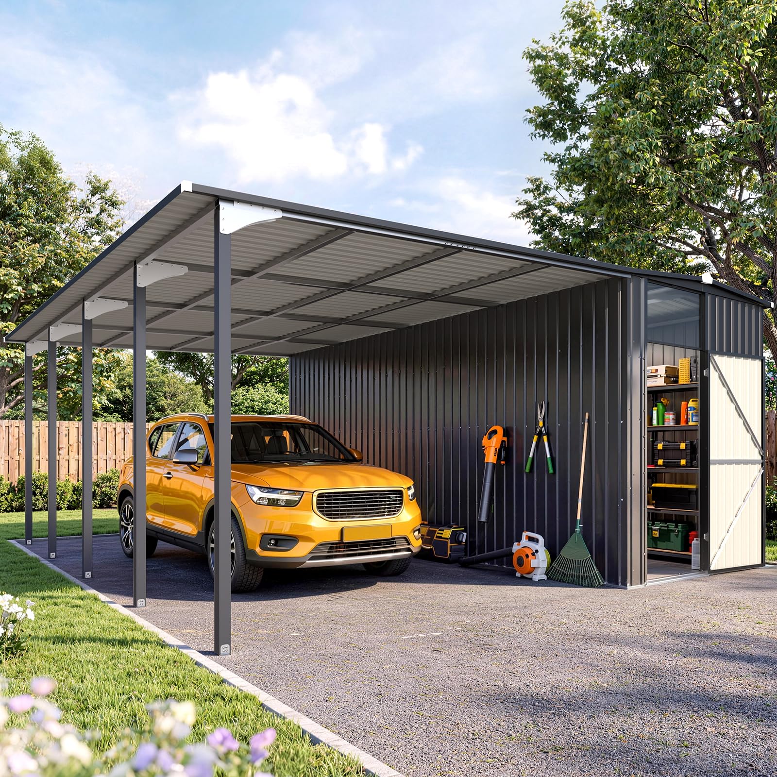 AECOJOY 16x16 Lean to Gazebo Metal Shed Combo, showing both the carport and the enclosed shed sections.