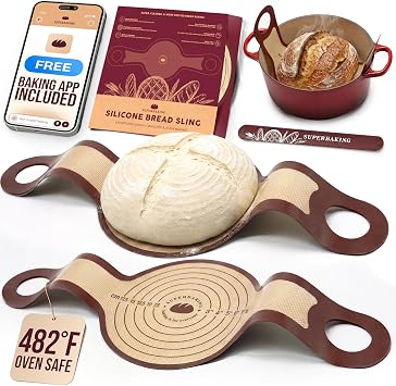 Pro Silicone Bread Sling 2 Pcs - 9in set of 2 Round 482F Heat Resistant Dough Lifter, Non-Stick Dutch Oven Liners, Long Handles, Reusable Sourdough Bread Baking Supplies, Sourdough Gifts