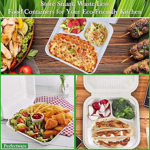 Miniatura 8 de 100% compostable 3 Comp Take Out Contenedores de comida 9x9x 3. 100 contenedores, bagazo desechable natural, biodegradable ecológico hecho de caña