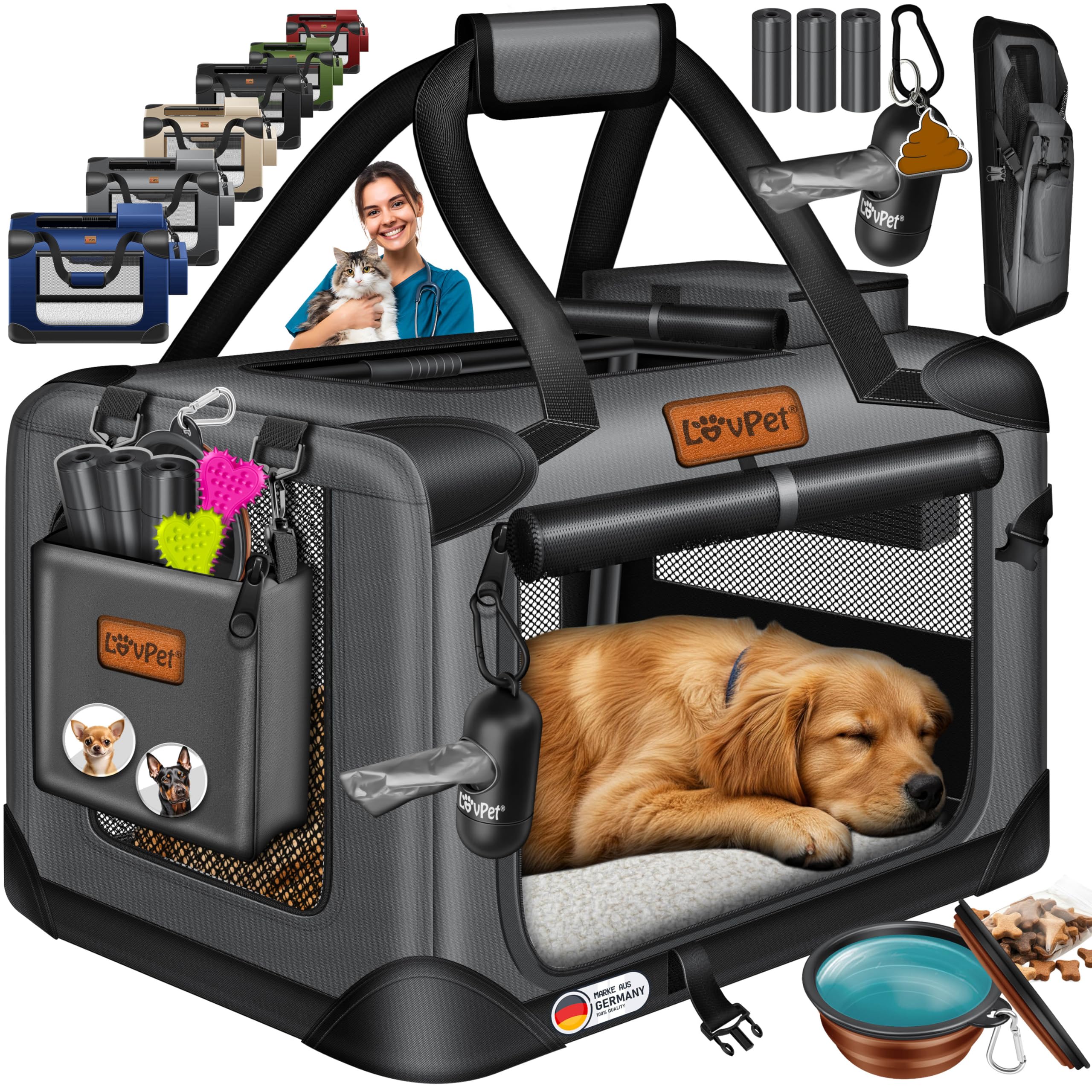LOVPET® Trasportino per Cani - Box per Cani Pieghevole incl. Borsa per Il Trasporto e Ciotola - Cani e Gatti - casetta per Il Trasporto di Animali Domestici, Antracite, S