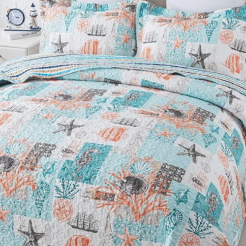 Vista 88 de NEWLAKE Juego de colcha de algodón, juego de colcha reversible de retazos, estampado real clásico turquesa, tamaño Queen Turquesa Clásico