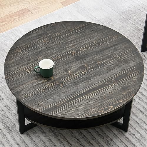 Miniatura 10 de MODERION KFZ2338NC - Mesa de café redonda para sala de estar, mesa de cóctel grande de 35.3 pulgadas con estante de almacenamiento, mesa central de