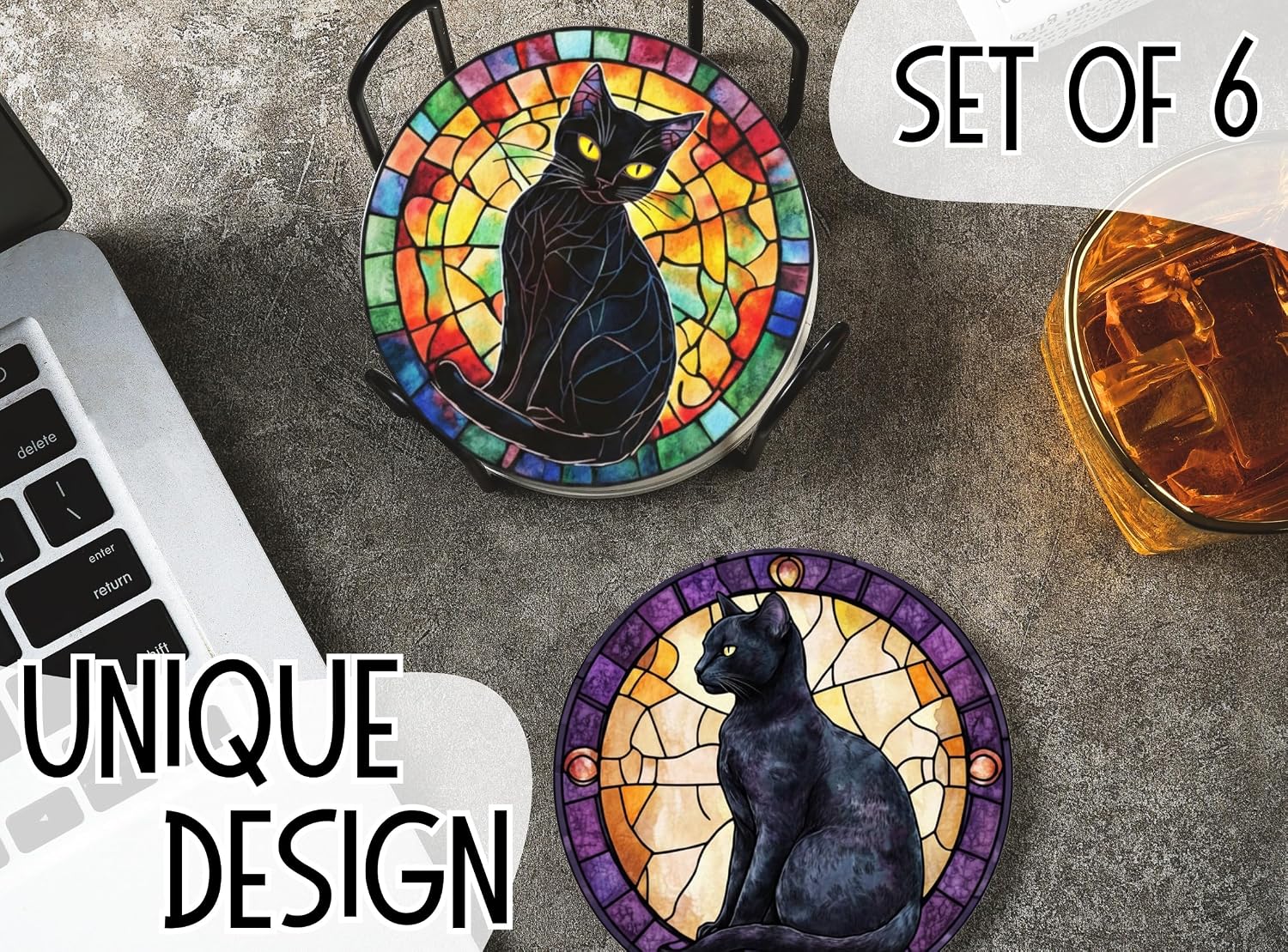 Onebttl Black Cat Gifts for Women, Black Cat Merch Coaster, Set of 6, Ceramic, Absorbent with Cork Base