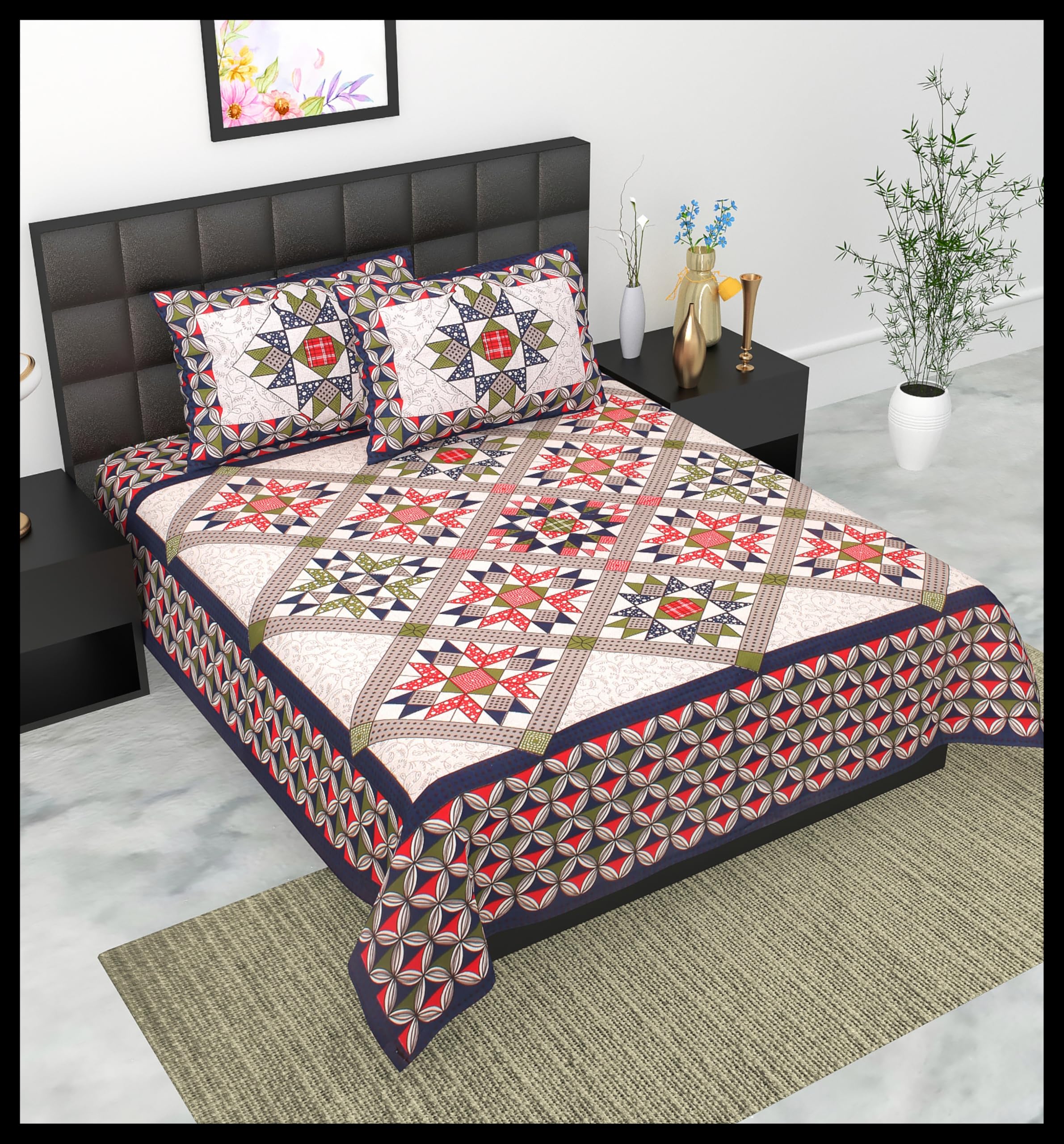 JAIIPUR Prints Quilted Bedspread Set with 2 Pillow Covers, Geometric Star Pattern, Multicolor, Double Bed-picture-12