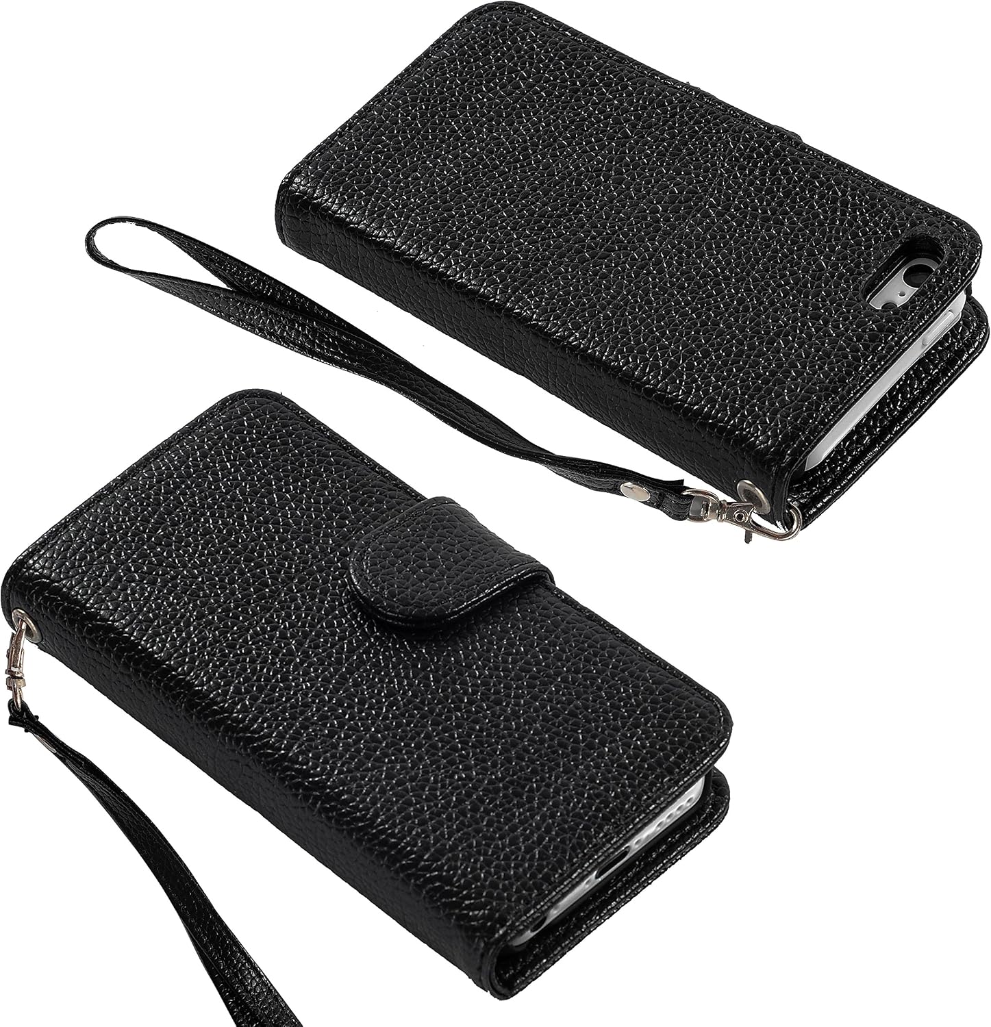 Wisdompro iPhone 5c Case, Premium PU Leather 2-in-1 Protective Flip Folio Wallet Case with Multiple Credit Card Holder Slots and Wrist Lanyard for Apple iPhone 5c (Black with Lanyard)