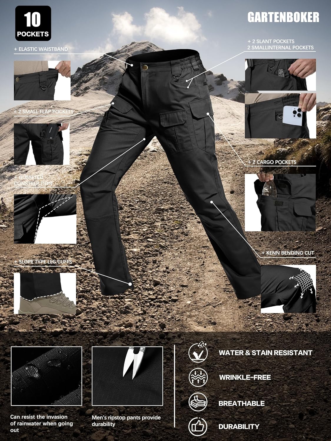 GARTENBOKER Men's Ripstop Tactical Pants Water Resistant Cargo Pants Outdoor Lightweight EDC Hiking Work Construction Pants