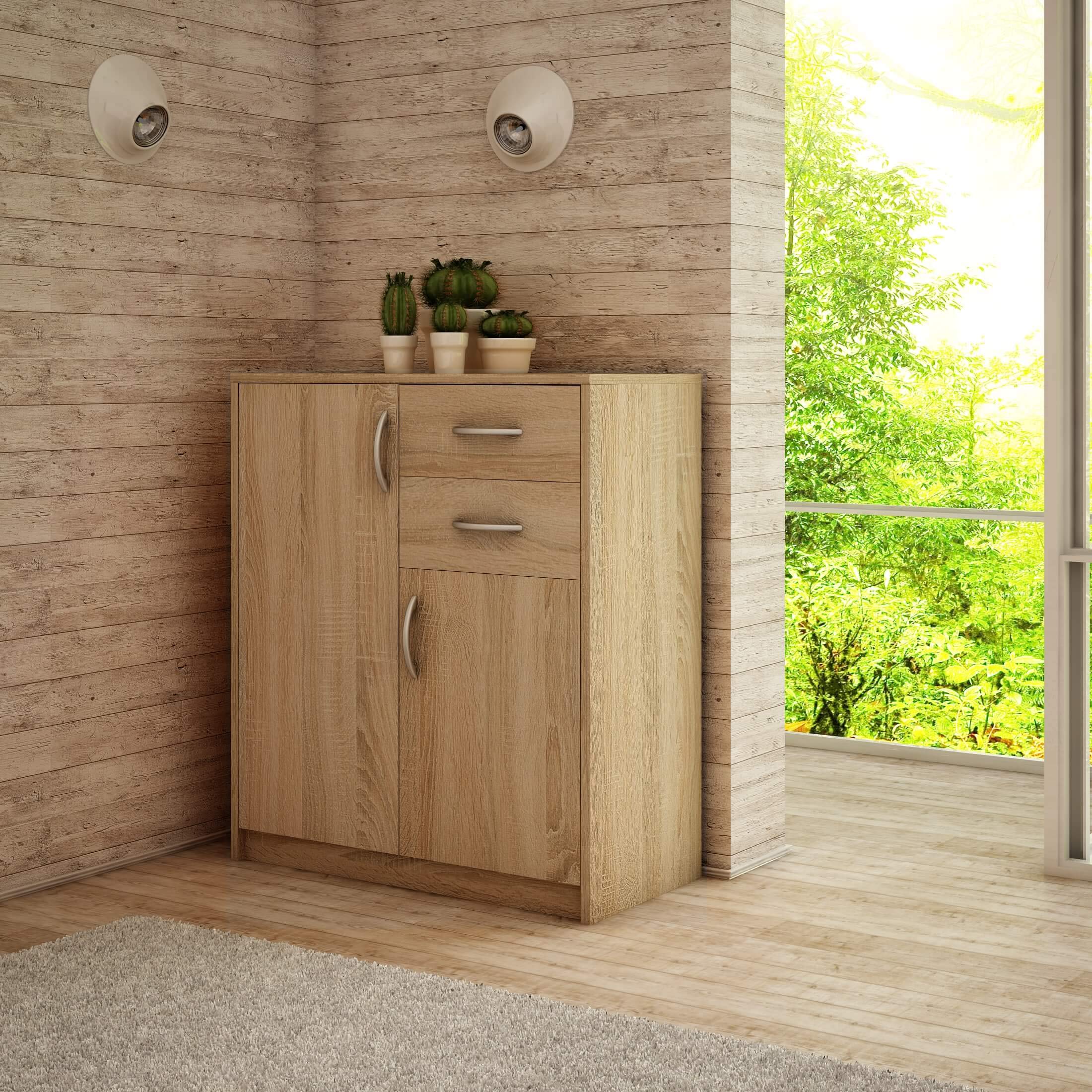 MATKAM Schlafzimmer Kommode mit Schubladen und Türen - Sideboard Wohnzimmer H:85xB:74xT:35 cm - Komode mit 2 Schubladen und 2 Türen - Komodenschrank für Schlafzimmer - Sonoma Eiche